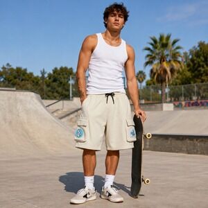 Eighty Eight Shorts XL Added Custom Patches‎ Unisex Cream Cargo Sweat Shorts Y2K